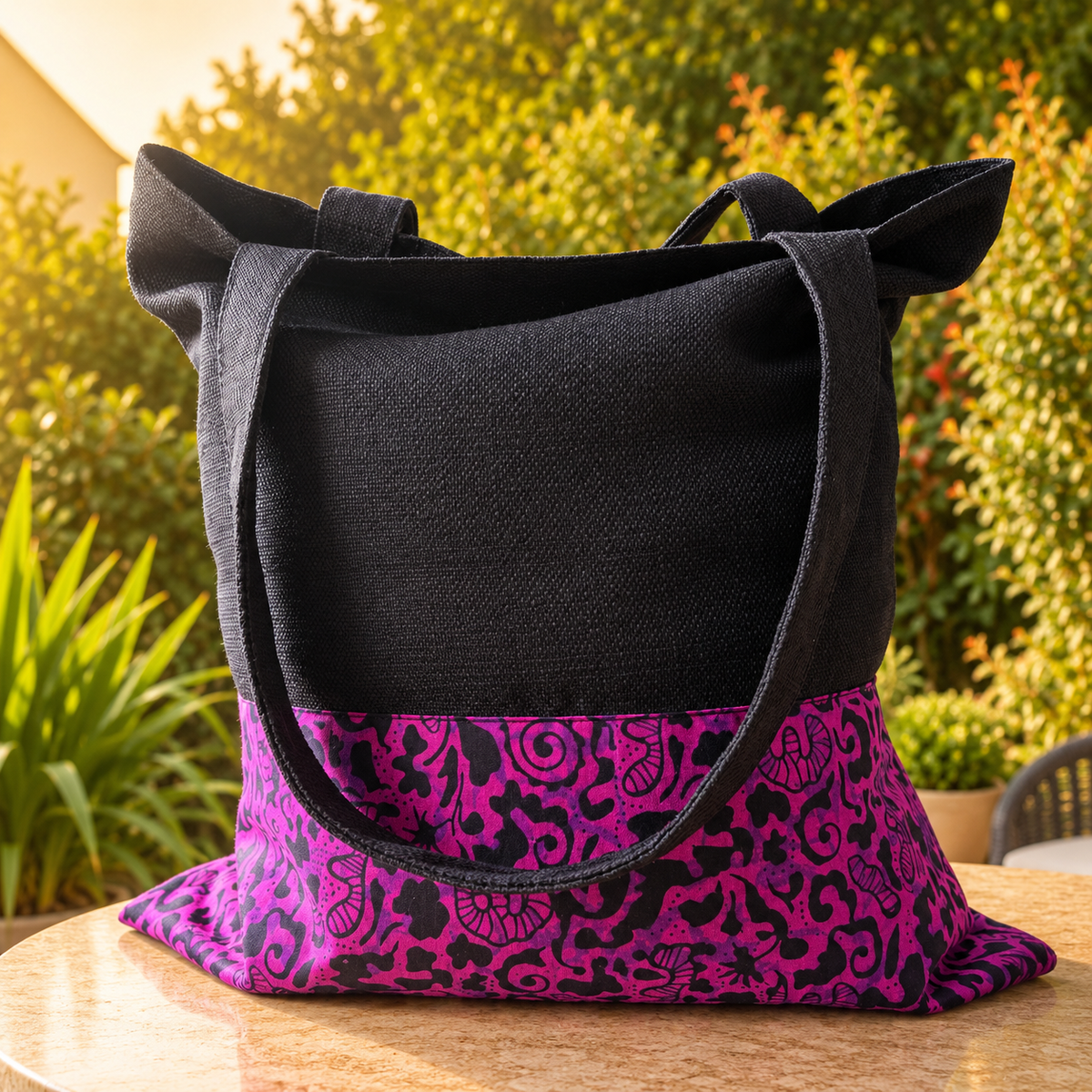 Tote bag wax – Noir & rose graphique