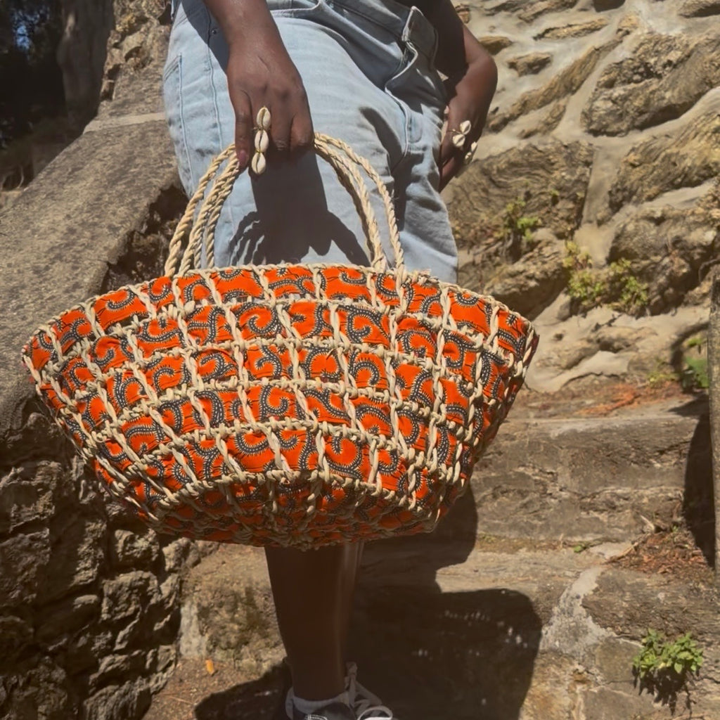 Panier tressé en wax orange