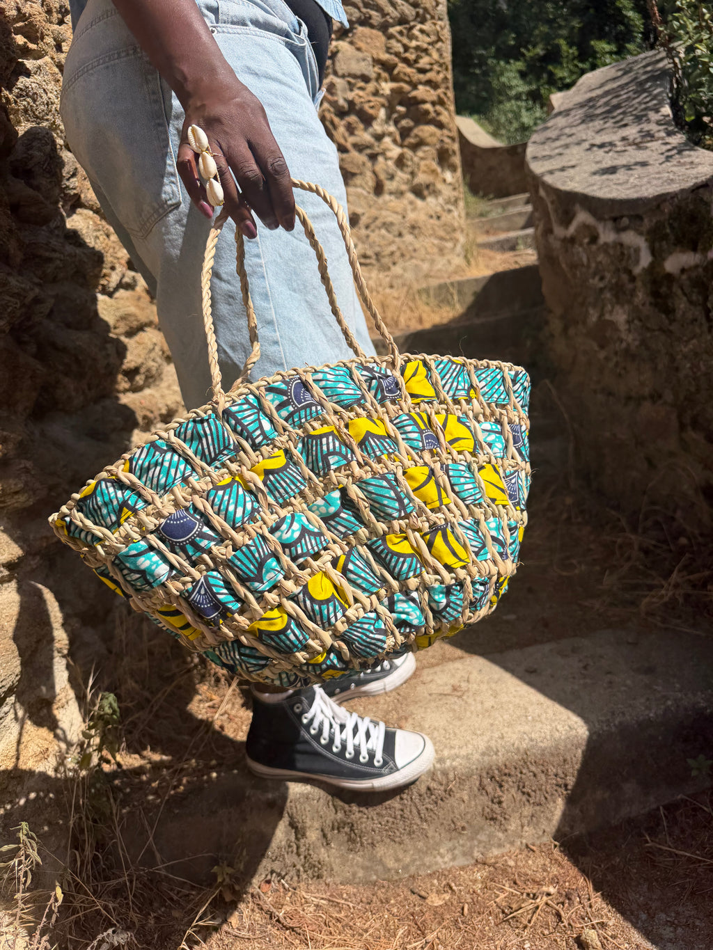 Panier tressé wax turquoise & jaune