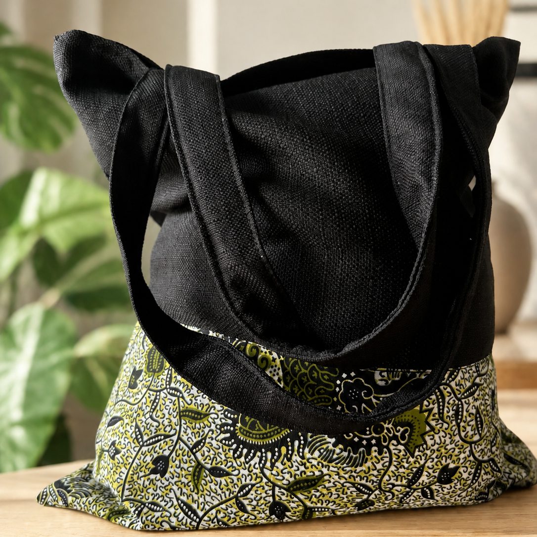 Tote bag wax – Noir & vert floral