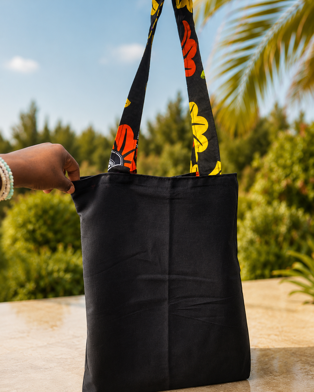 Tote bag wax noir, jaune & orange