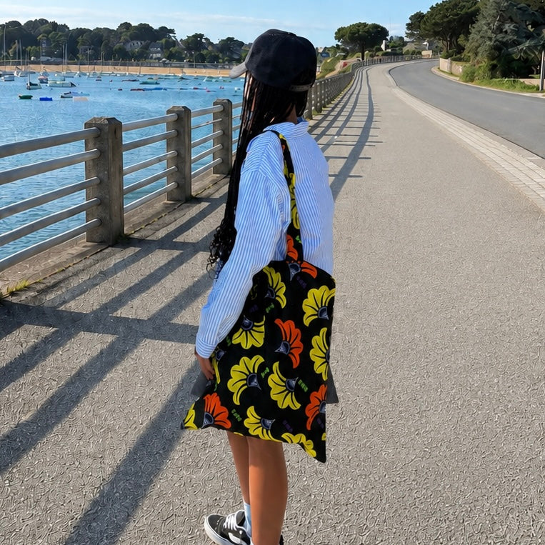 Tote bag wax noir, jaune & orange