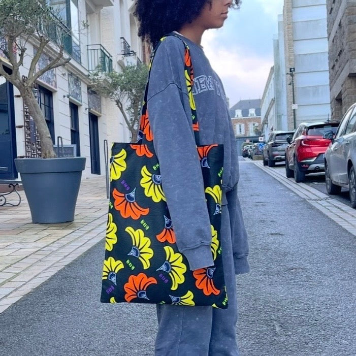 Tote bag wax noir, jaune & orange