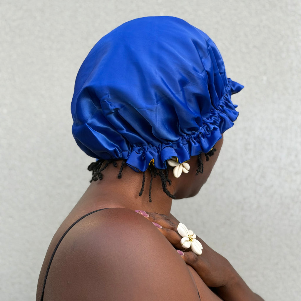 Bonnet réversible wax & satin bleu