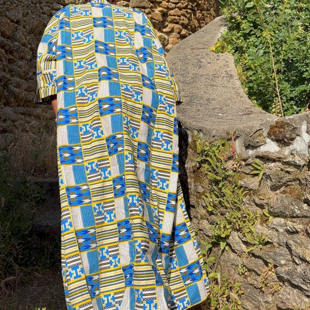 Kimono long wax bleu & jaune