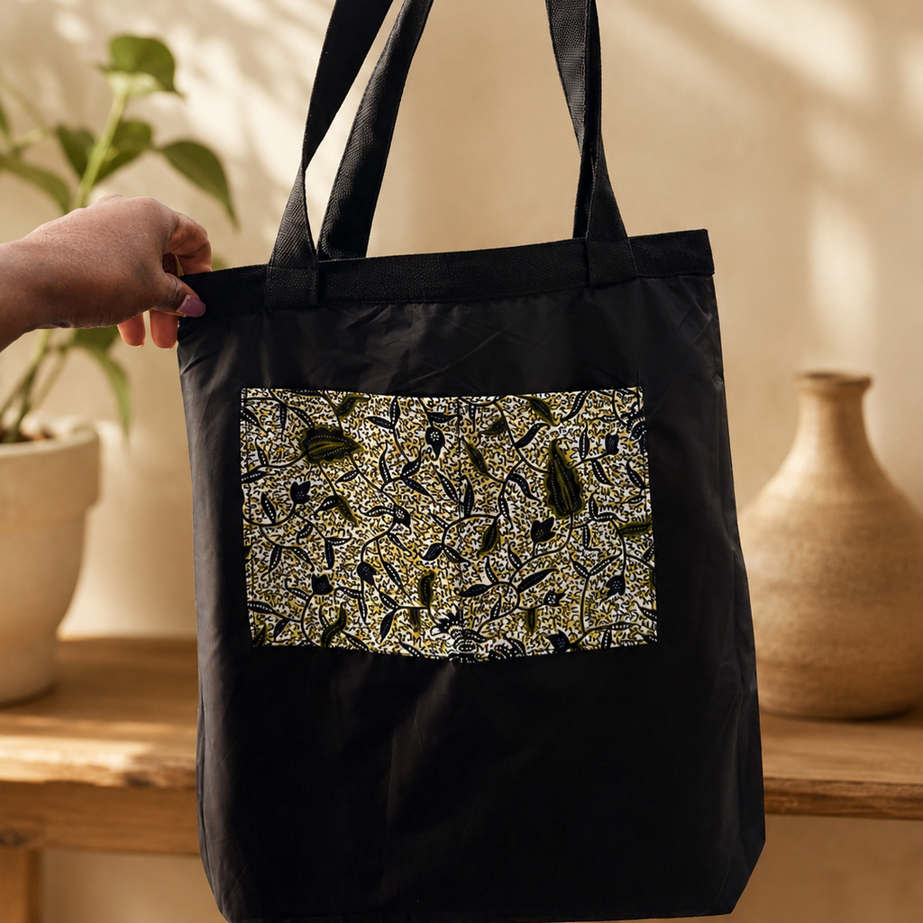 Tote bag wax – Noir & vert floral
