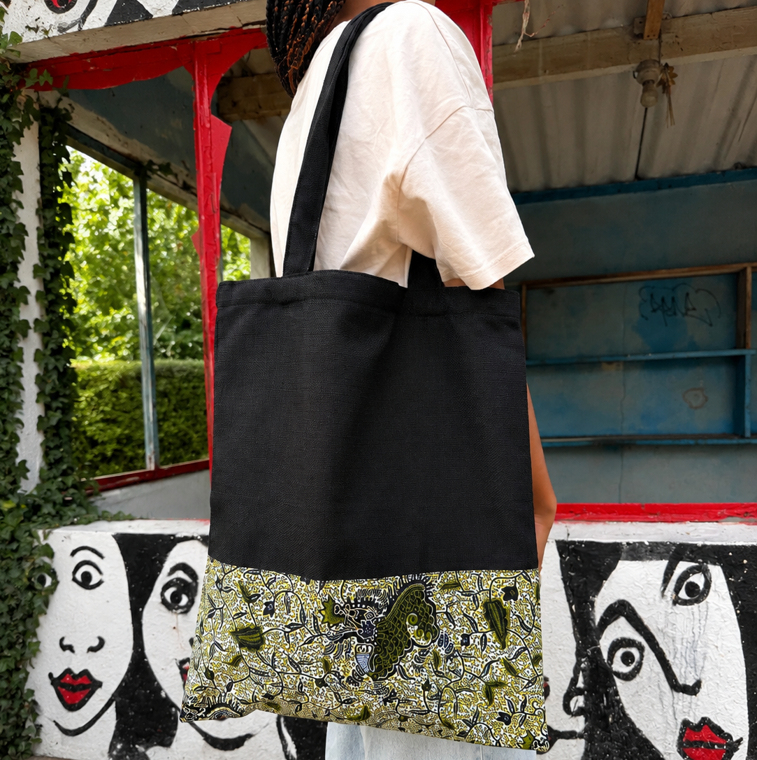 Tote bag wax – Noir & vert floral
