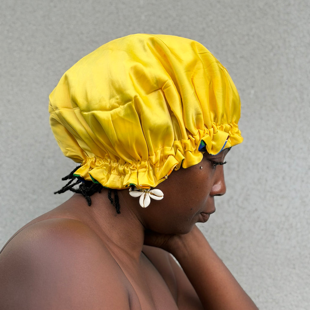 Bonnet réversible wax & satin jaune