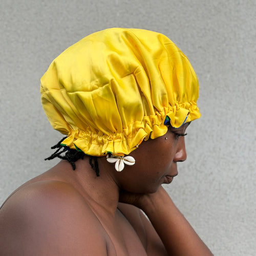 Bonnet réversible wax & satin jaune