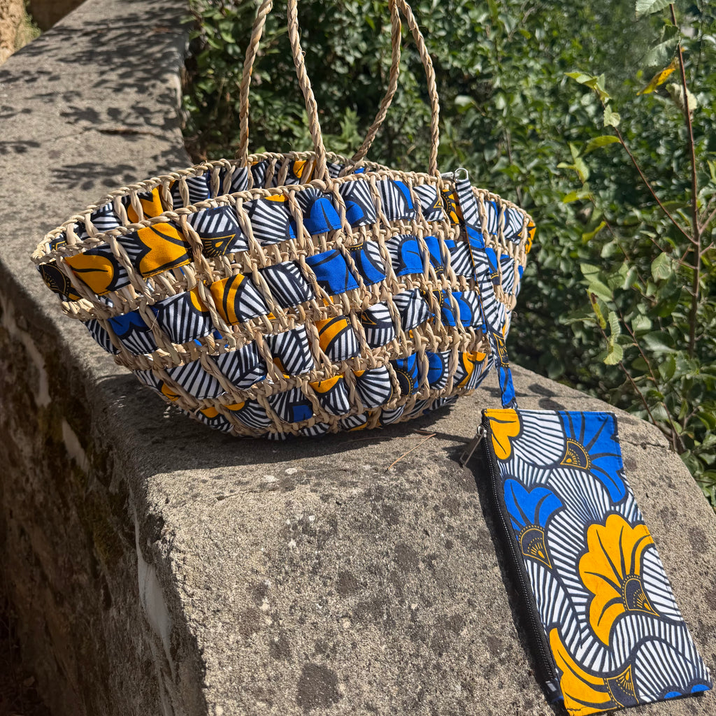 Panier tressé wax bleu & jaune